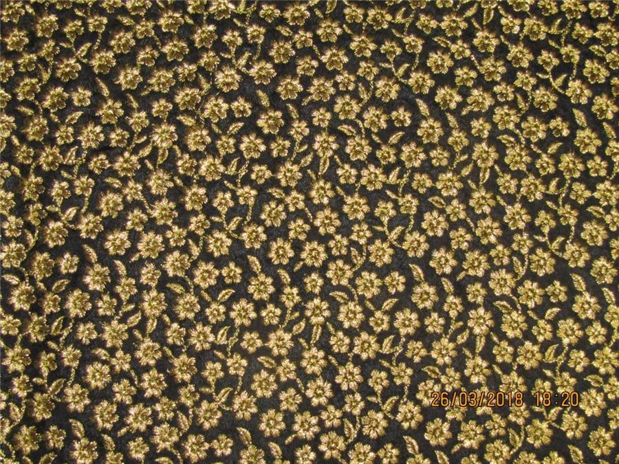 Silk Brocade fabric Black x metallic gold color with embroidery 44&quot;