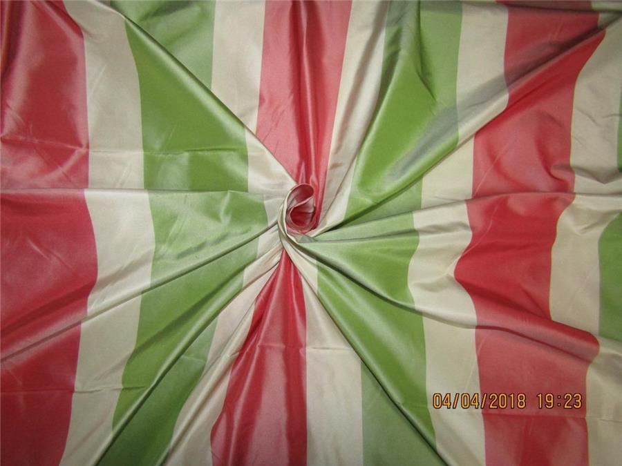 100% Pure Silk Taffeta Fabric red,Green &amp; Cream stripe TAFS139[4] 54&quot; wide