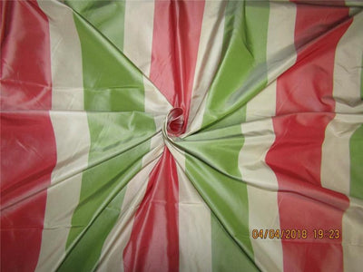 100% Pure Silk Taffeta Fabric red,Green &amp; Cream stripe TAFS139[4] 54&quot; wide