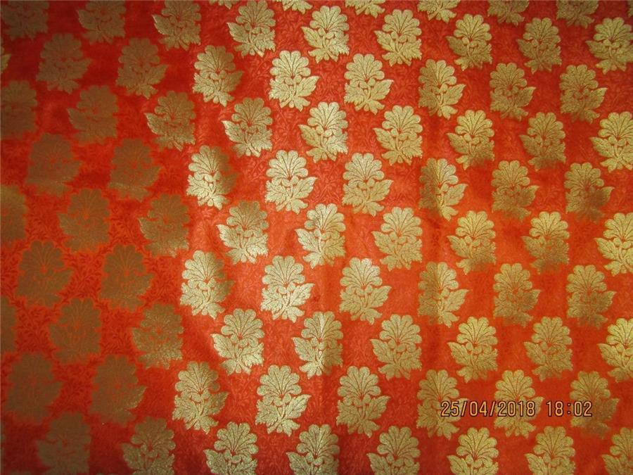 Silk Brocade fabric hot Orange x metallic gold 44&quot;