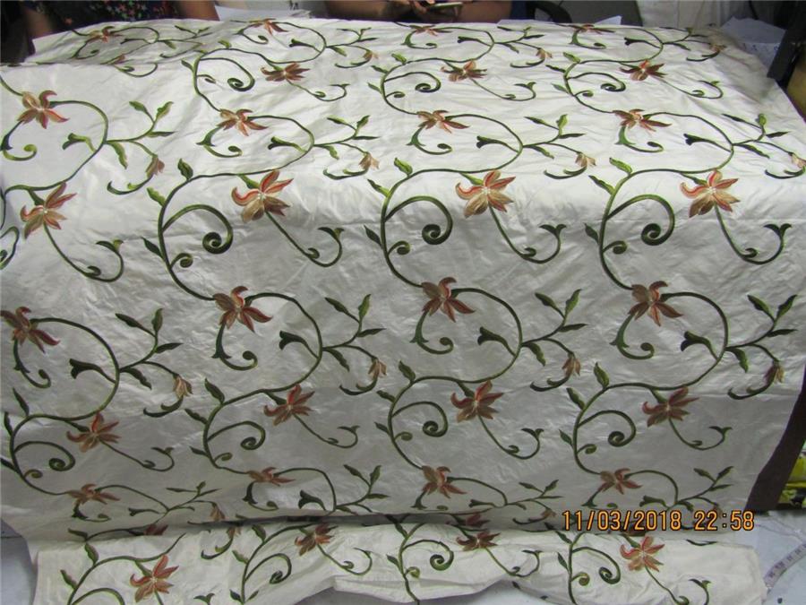 SILK TAFFETA FABRIC ivory with colorful floral Embroidery TAFE19