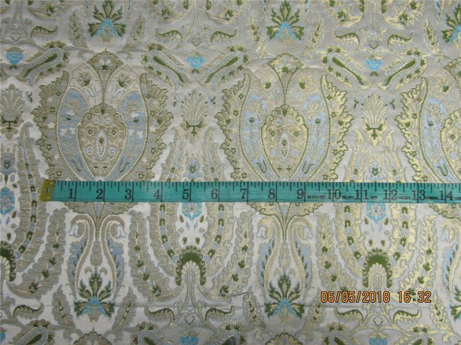 Heavy Brocade Fabric ivory slate blue,green x Metallic Gold Color 36&quot;