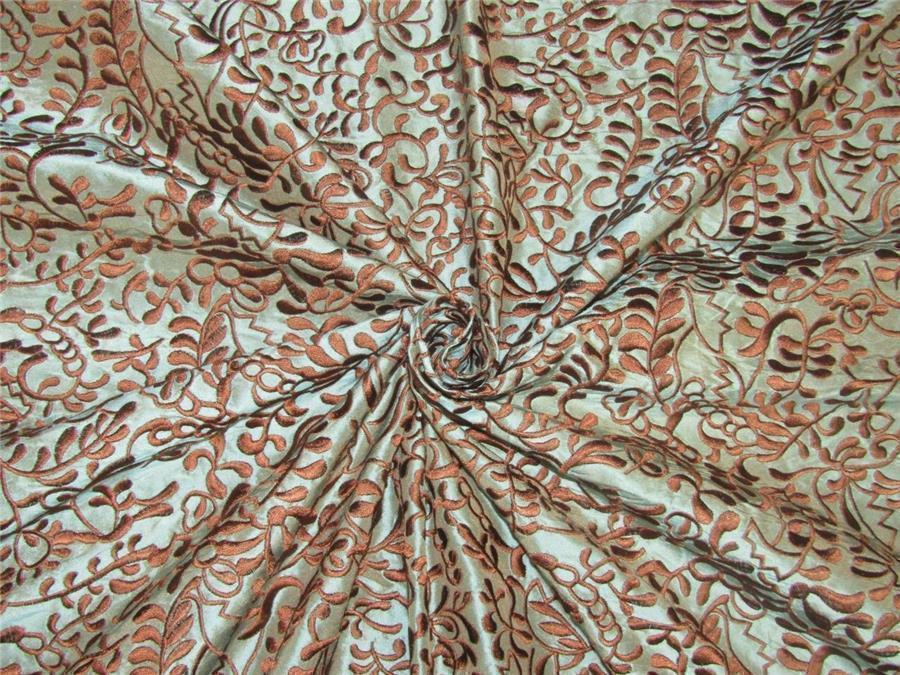 100% Silk Dupion Fabric Embroidery dusty blue x brown color 54&quot;DUP# E55[1]