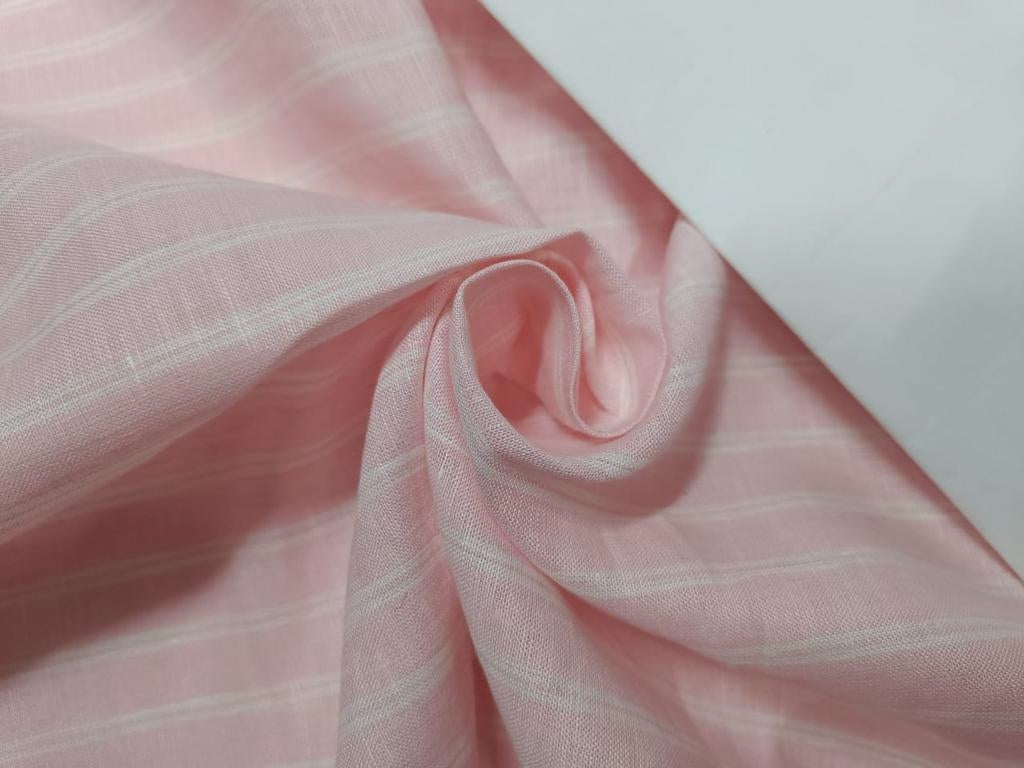 Superb Quality Linen Club Baby Pink with white color horizontal stripe Fabric 58" wide