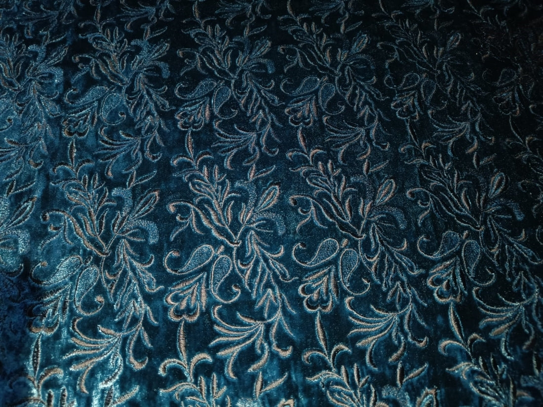 100% Chinese Plush Teal Silk Velvet Fabric Embroidered 44" wide [12639]