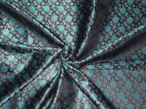 SILK BROCADE FABRIC TURQUOISE BLUE,SILVER X BLACK COLOR 44&quot;INCH