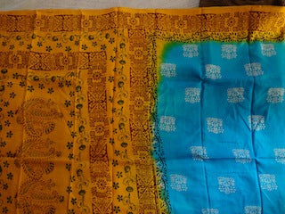 TRADITIONAL INDIAN PURE SILK SAREE~BLUE,MAROON,YELLOW,BLACK AND IVORY COLOUR