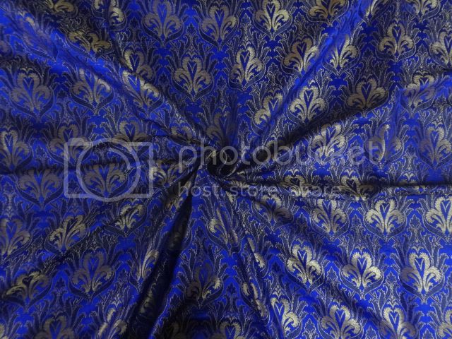 Silk Brocade fabric Ink Blue,Dark Blue &amp; Metallic Gold Color 44&quot;