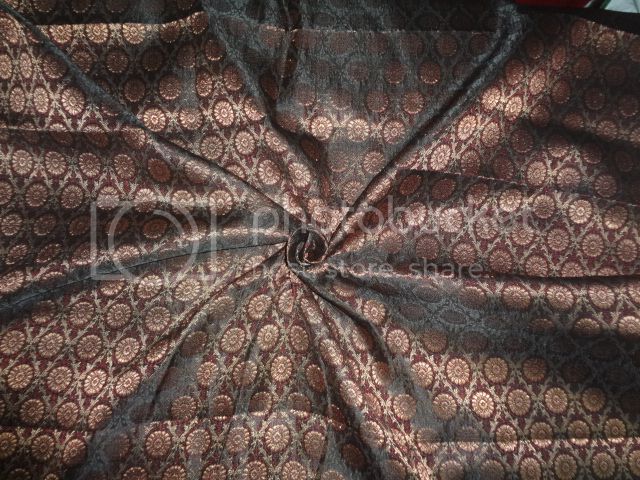 Spun Silk Brocade fabric Black,Red &amp; Metallic Gold Colour
