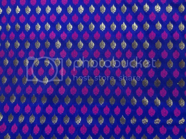 silk mettalic motifs Brocade fabric Blue,Pink &amp; Metallic Antique GOLD 44&quot;