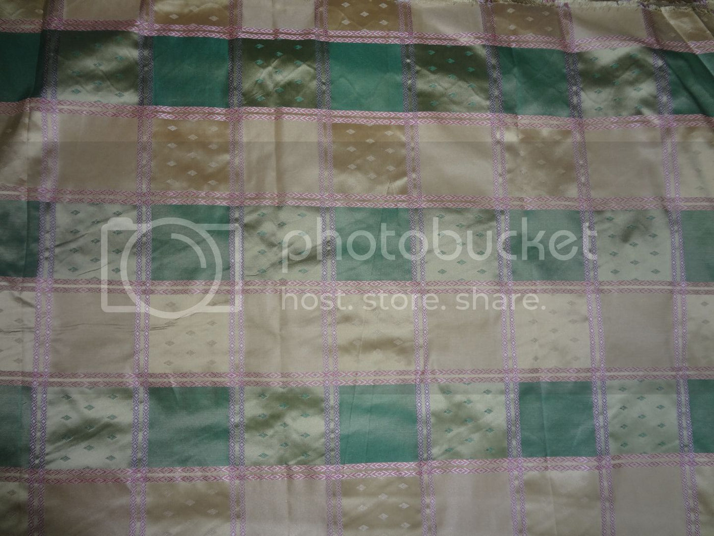 SILK TAFFETA Plaids FABRIC Pink,Green &amp; Light Gold jacquard 54&quot; wide