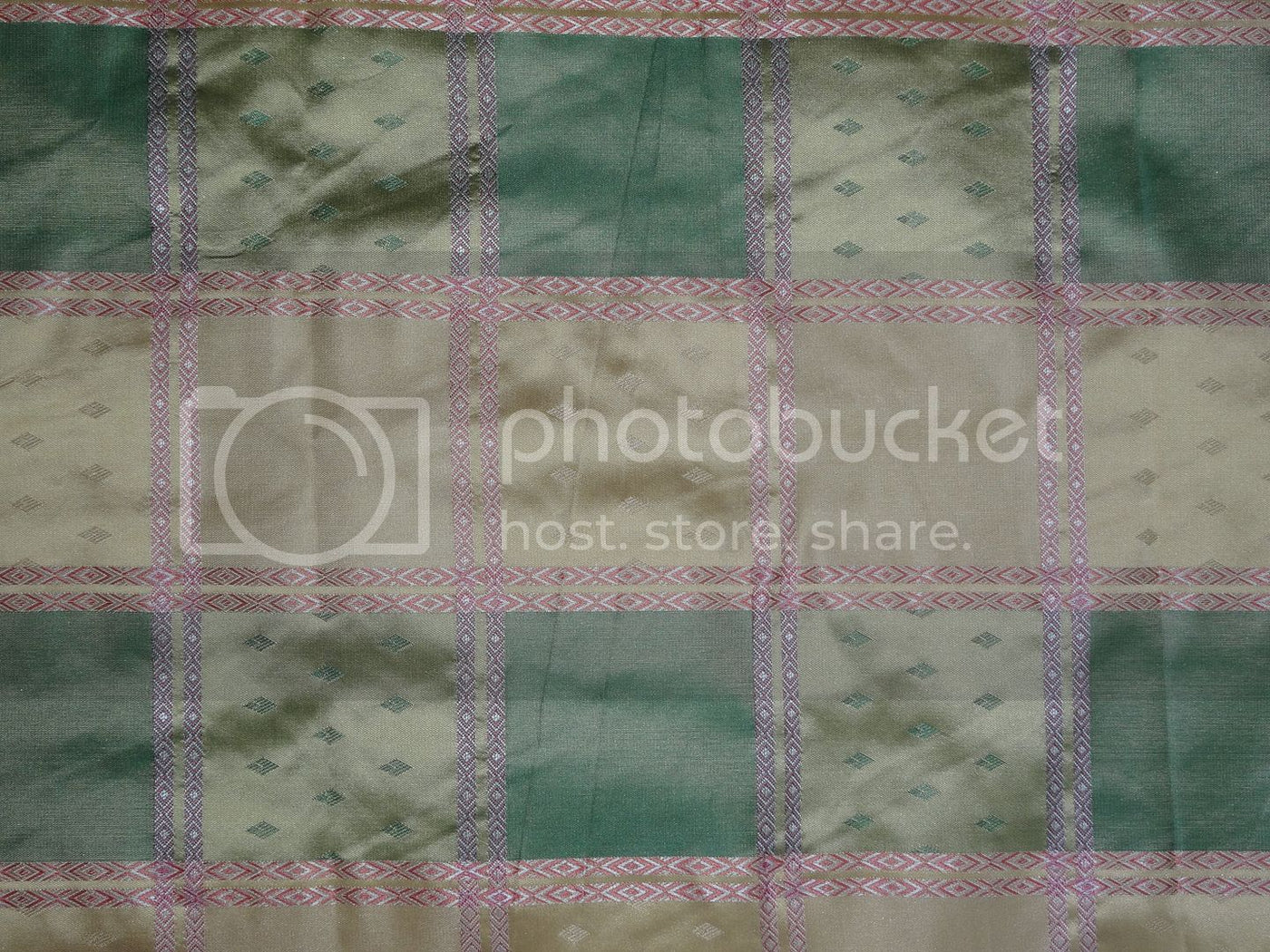 SILK TAFFETA Plaids FABRIC Pink,Green &amp; Light Gold jacquard 54&quot; wide