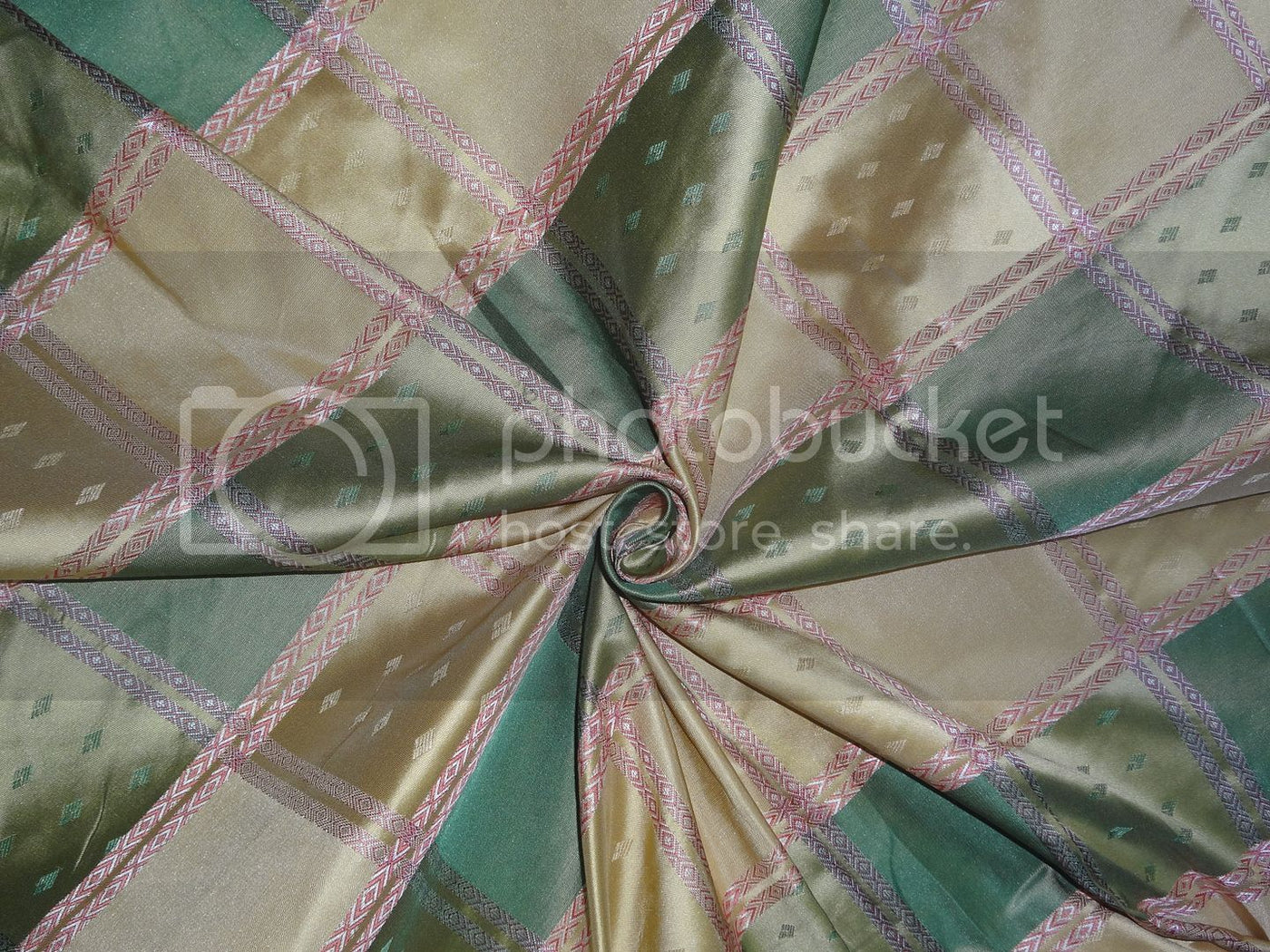 SILK TAFFETA Plaids FABRIC Pink,Green &amp; Light Gold jacquard 54&quot; wide