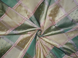 SILK TAFFETA Plaids FABRIC Pink,Green &amp; Light Gold jacquard 54&quot; wide