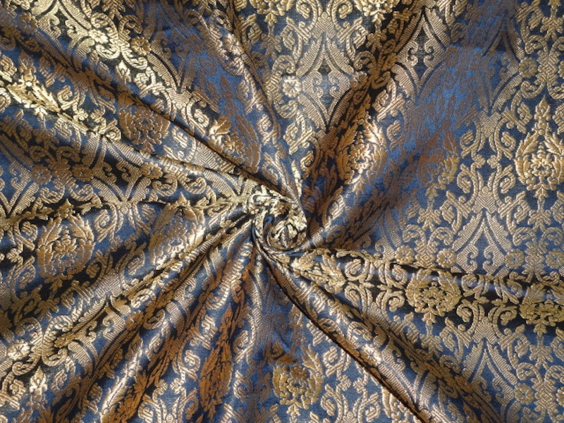Silk Brocade Fabric Dark Navy Blue &amp; Metallic Gold color 35" WIDE BRO300[3]