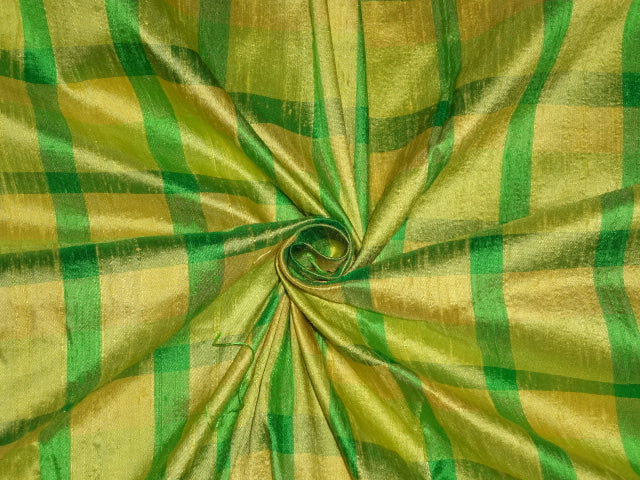 Pure Silk DUPIONI Green x Yellow Color Plaids fabric ~ 44&quot; wide DUP#C71[2]