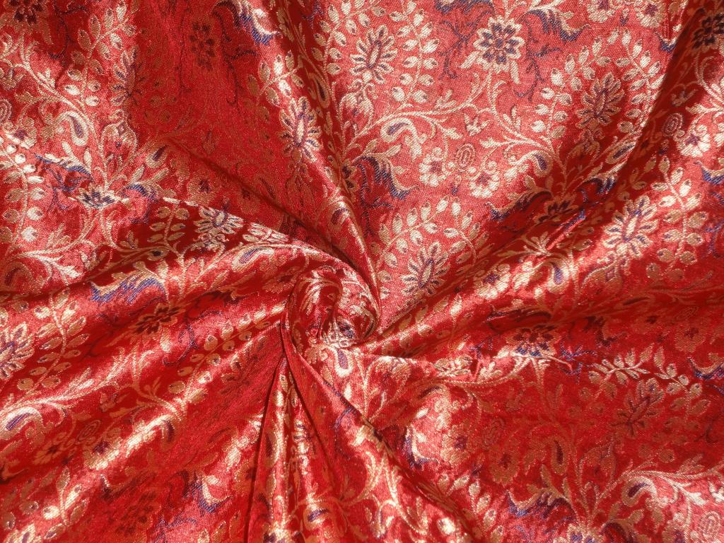 Pure Silk Brocade fabric Red &amp; Metallic Gold 44&quot;