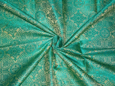 SILK BROCADE FABRIC YELLOW X AQUA BLUE COLOR 44&quot;VESTMENT