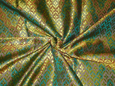 SILK BROCADE FABRIC LIME GREEN X BLUE &amp; PINK COLOR 44&quot;