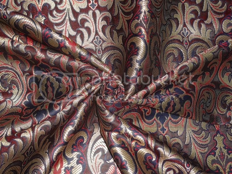 SILK BROCADE FABRIC Navy,Red &amp; Metallic Gold 44&quot;