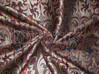 SILK BROCADE FABRIC Navy,Red &amp; Metallic Gold 44&quot;