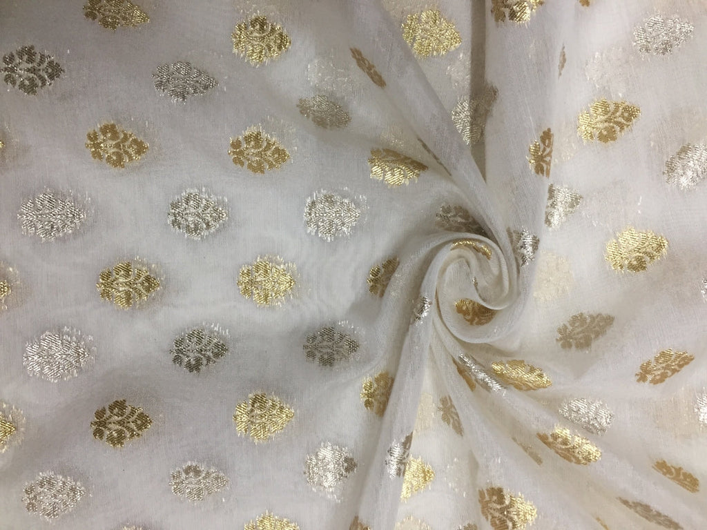 Chanderi silk fabric ivory x metallic gold and silver 44&quot; wide [11054]