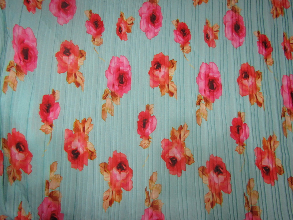 Polyester Pleated Printed Georgette Mint Blue Fabric ~ 44&quot; wide