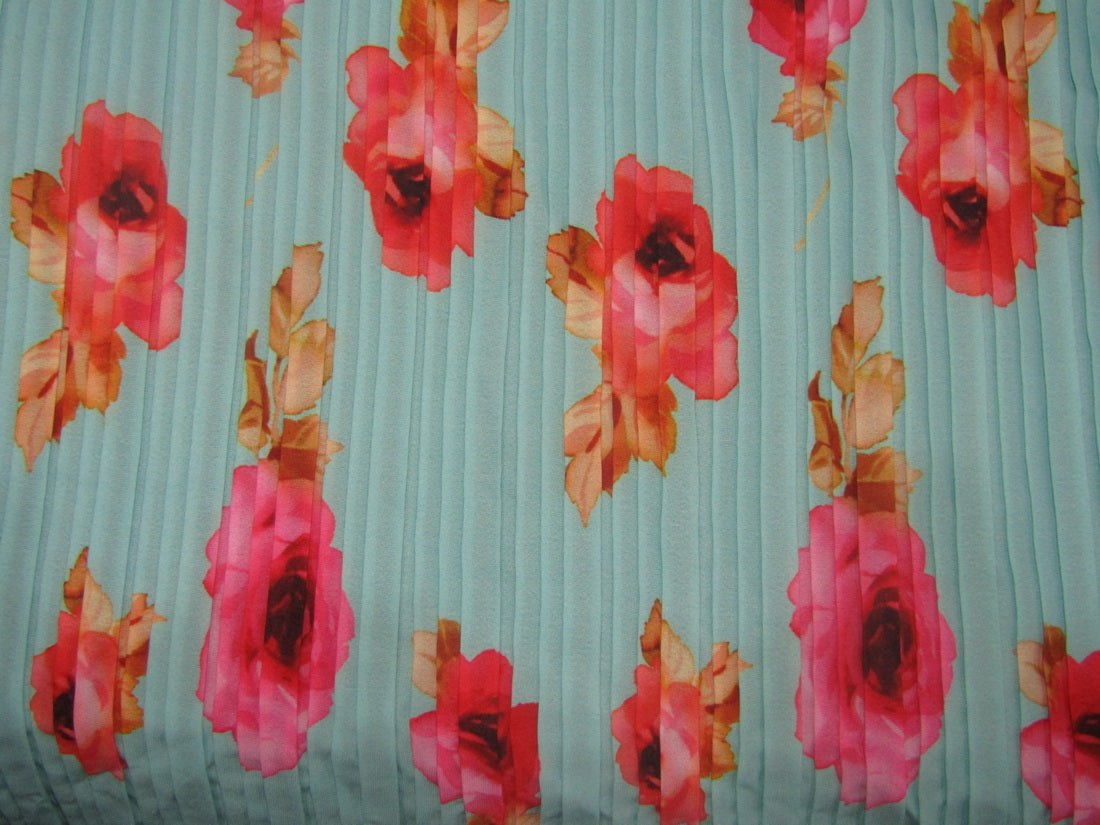 Polyester Pleated Printed Georgette Mint Blue Fabric ~ 44&quot; wide