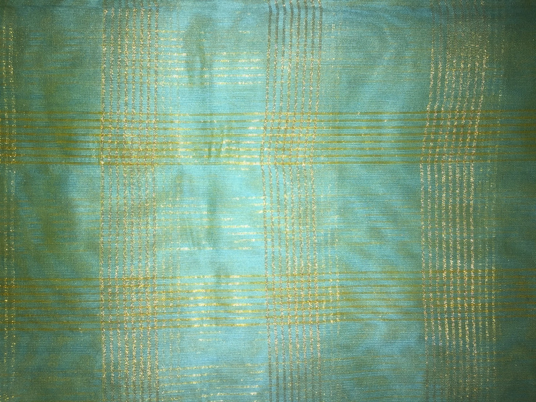 Chanderi Tissue Sea Green Fabric with metallic gold Checks 44&quot;[11090]
