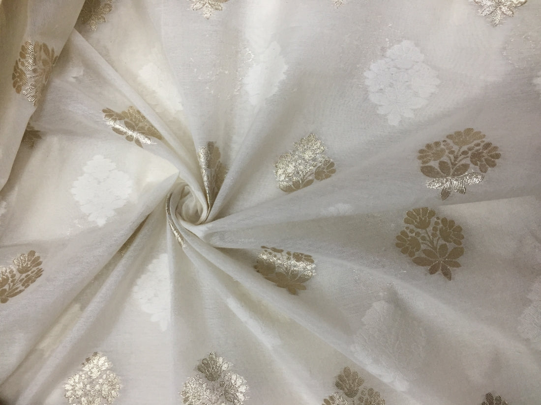 Chanderi silk fabric dyeable natural white with silver motifs 44&quot; wide