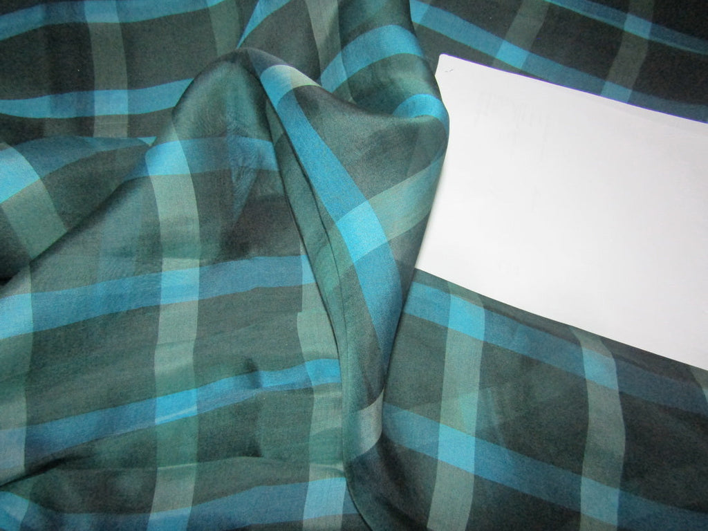100% silk organza plaid fabric 44&quot; shades of blues and greens