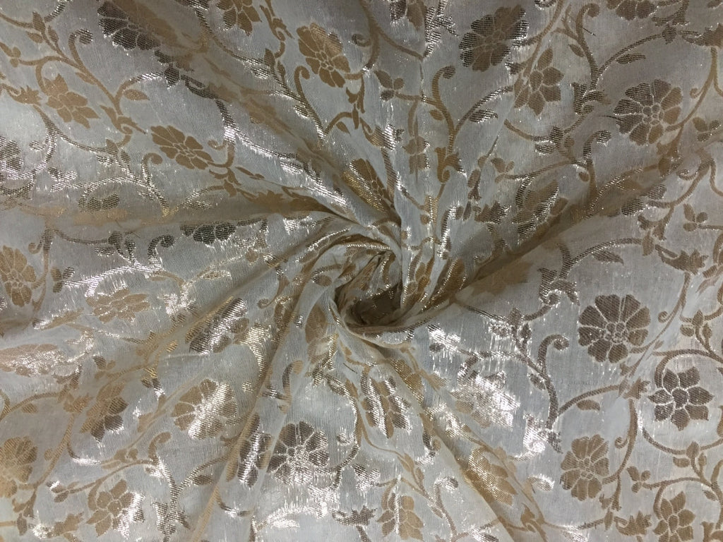 Chanderi silk fabric ivory & metallic gold floral Motif 44&quot; wide [11077]
