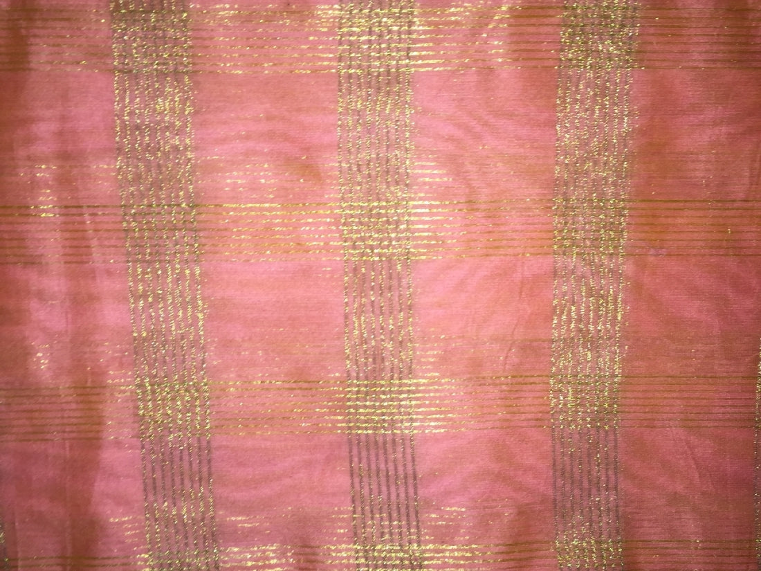 Chanderi Peachy Pink Tissue fabric with metallic gold checks - 44&quot; wide [11093]