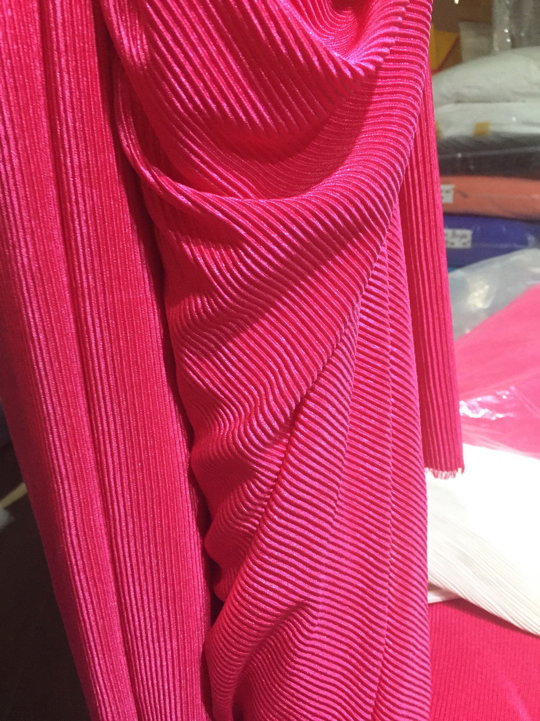 Bright Pink color crushed polyester pleated satin fabric ~ 59&quot;wide