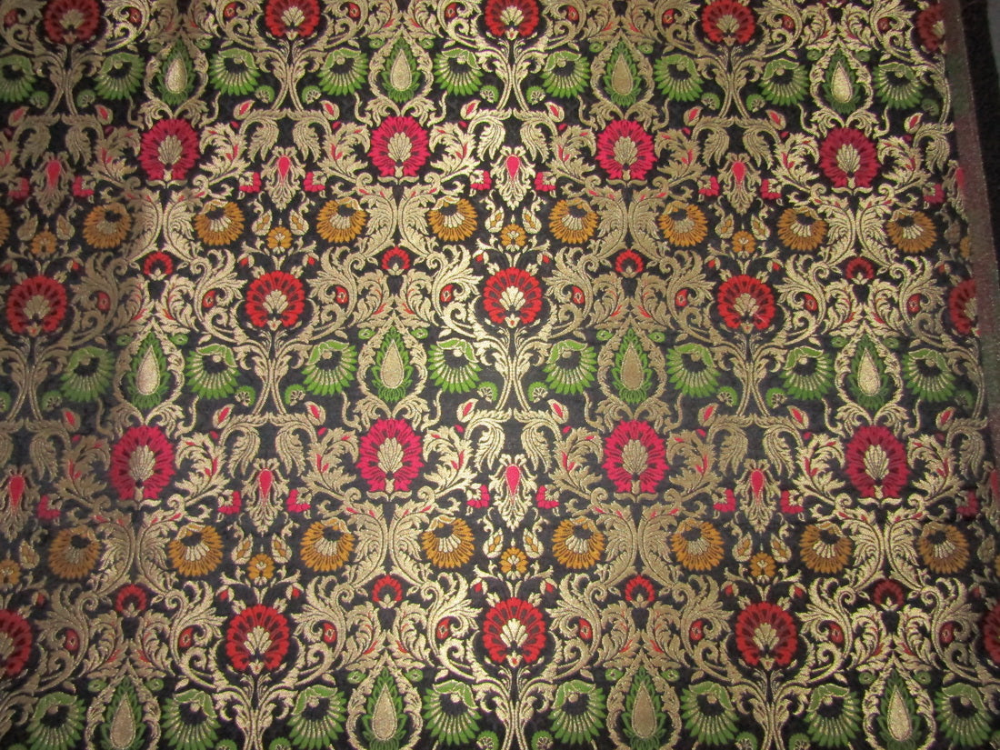 Silk Brocade fabric black red pink yellow and green floral x metallic gold color 44" wide BRO720[4]