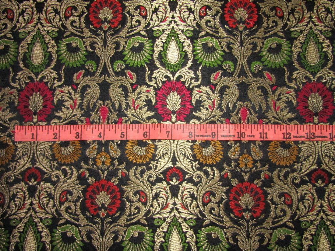 Silk Brocade fabric black red pink yellow and green floral x metallic gold color 44" wide BRO720[4]