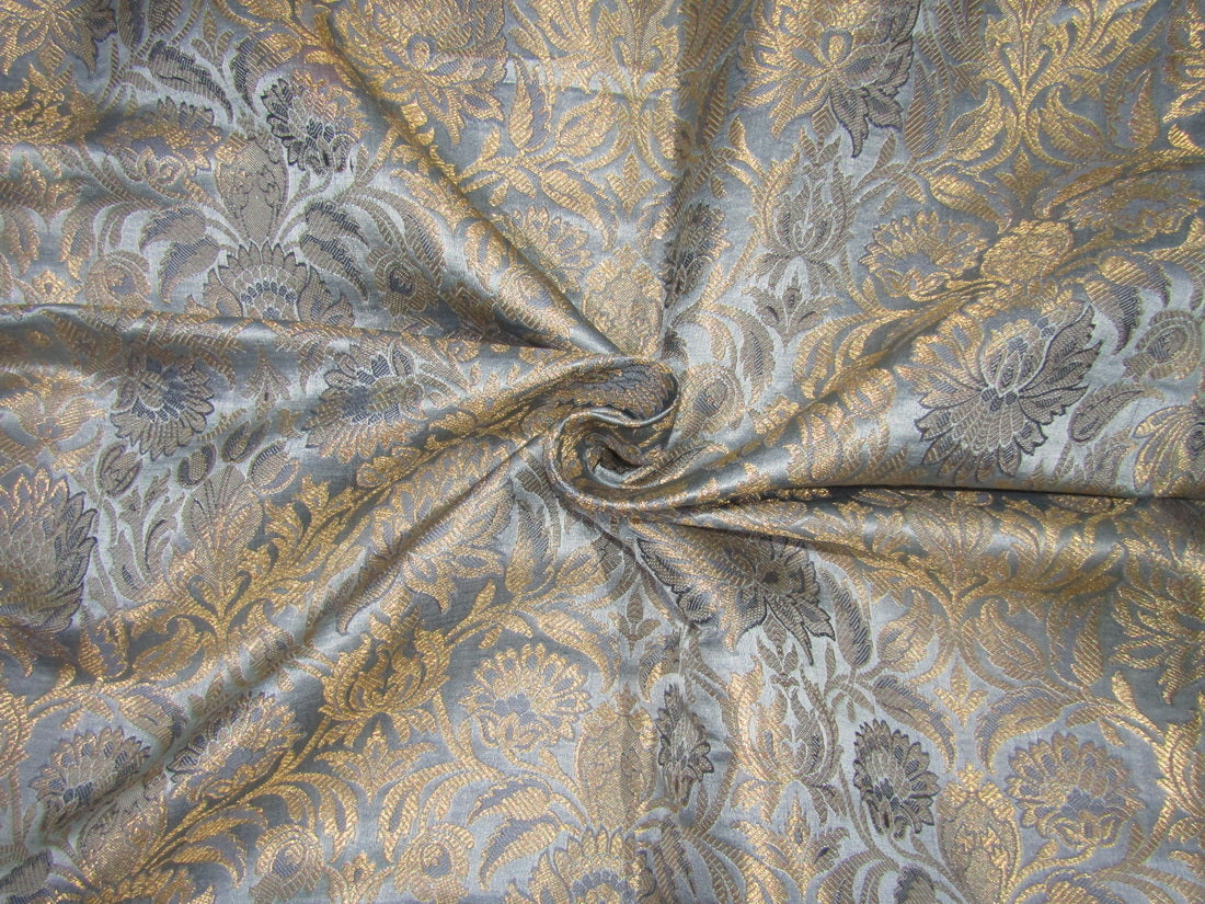 Silk Brocade fabric grey x metallic gold color 44" wide BRO727[4]