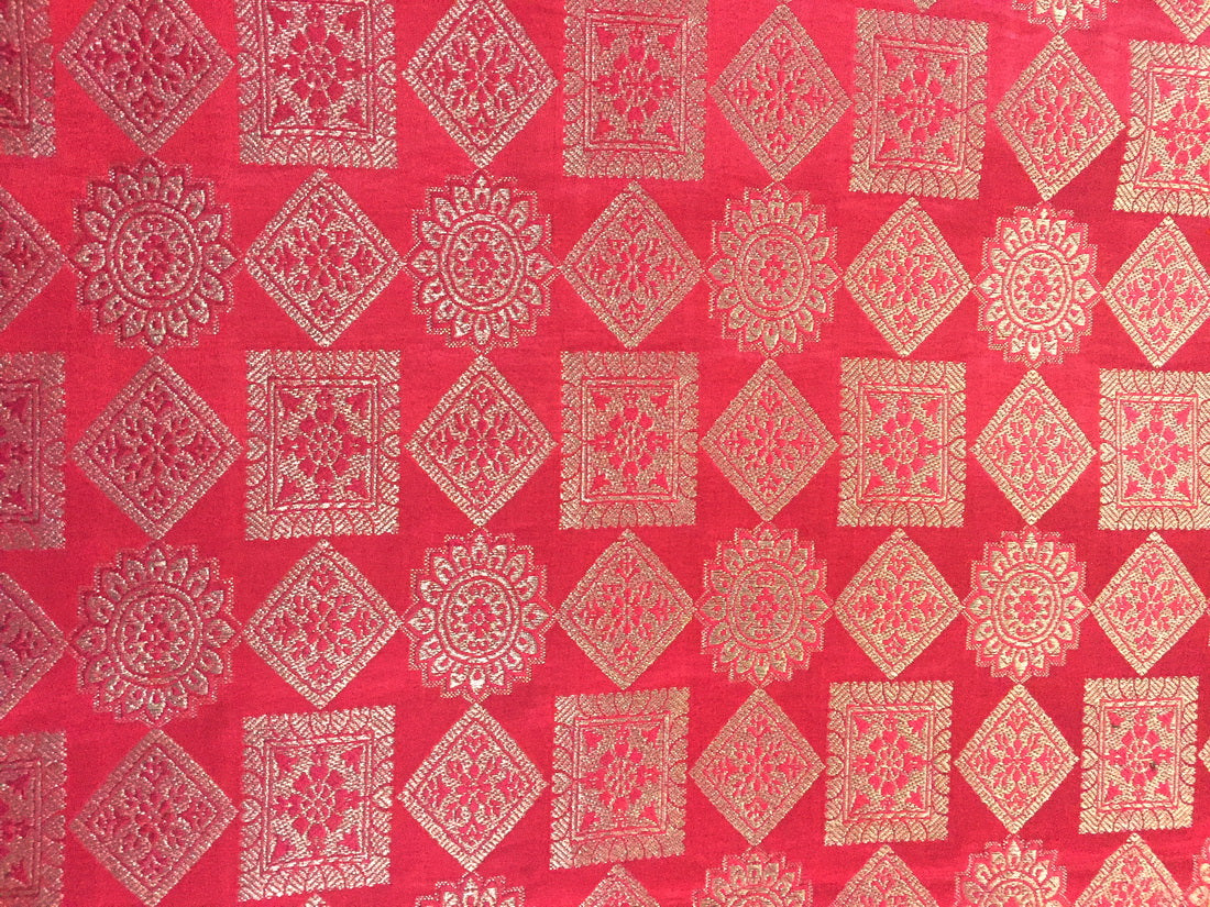 Silk Brocade fabric bright red and metallic gold color 44" wide BRO702[5]