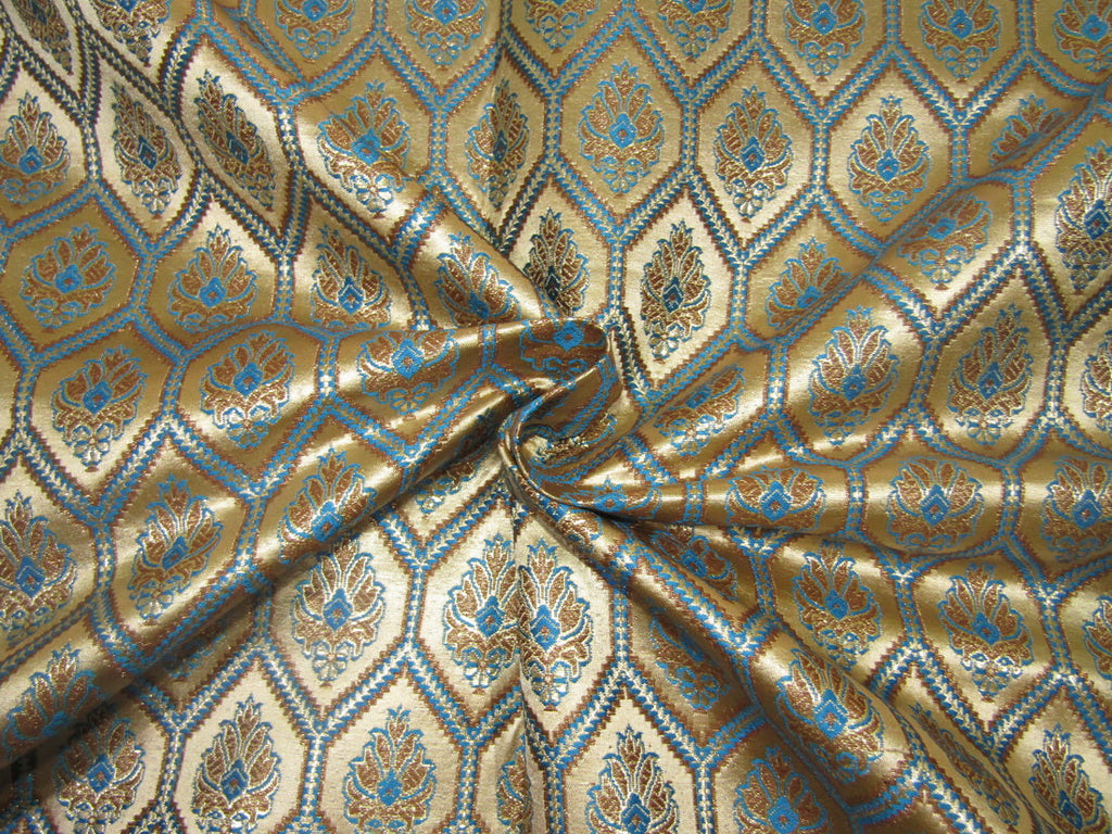 Silk Brocade fabric gold x metallic gold and blue color 44" wide BRO731[2]