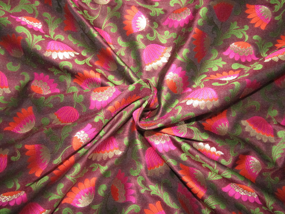Silk Brocade fabric aubergine, pink rusty orange green and metallic gold color 44" wide BRO734[4]