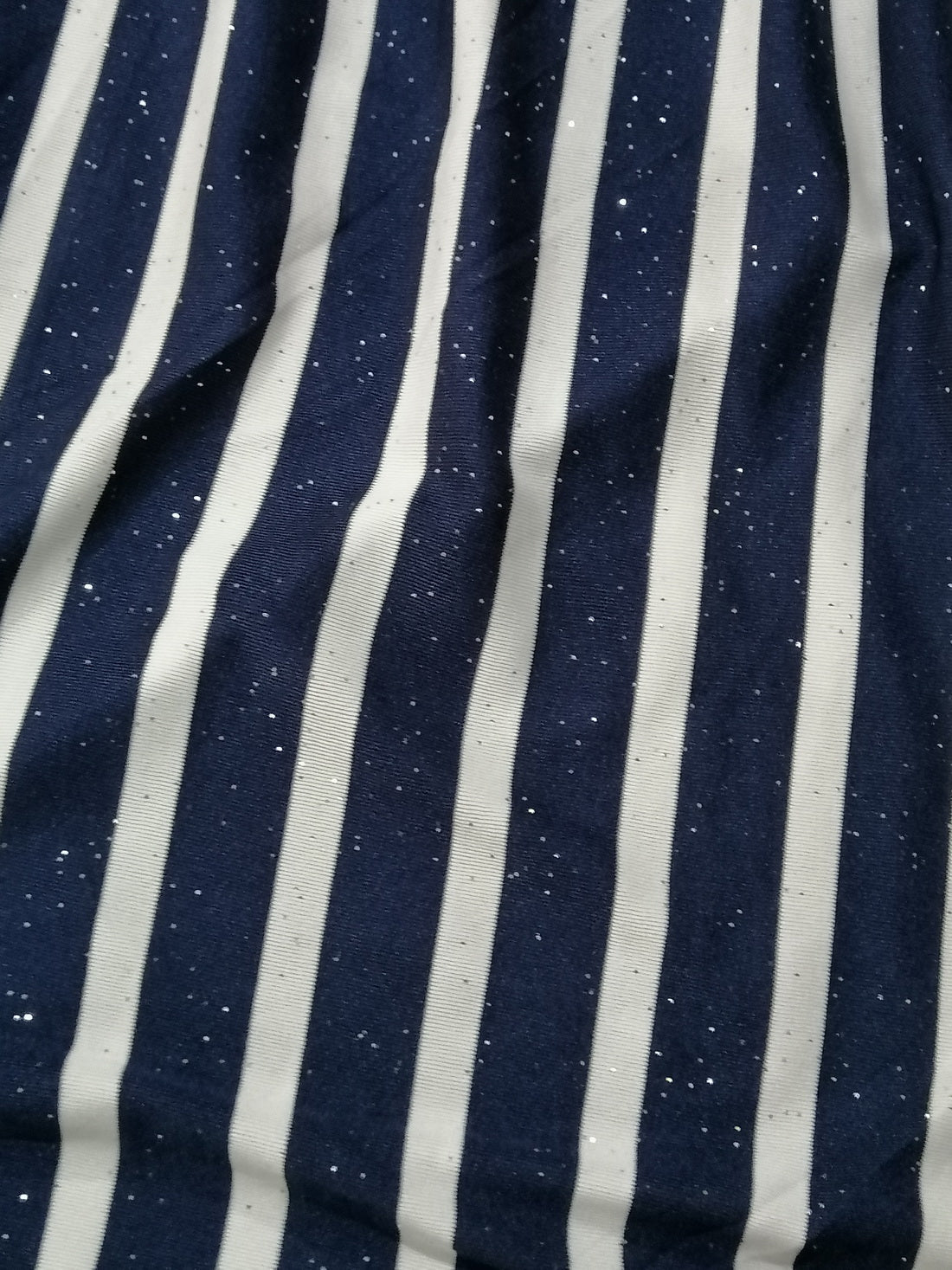 Polyester lycra knitted striped fabric with shimmer navy and white