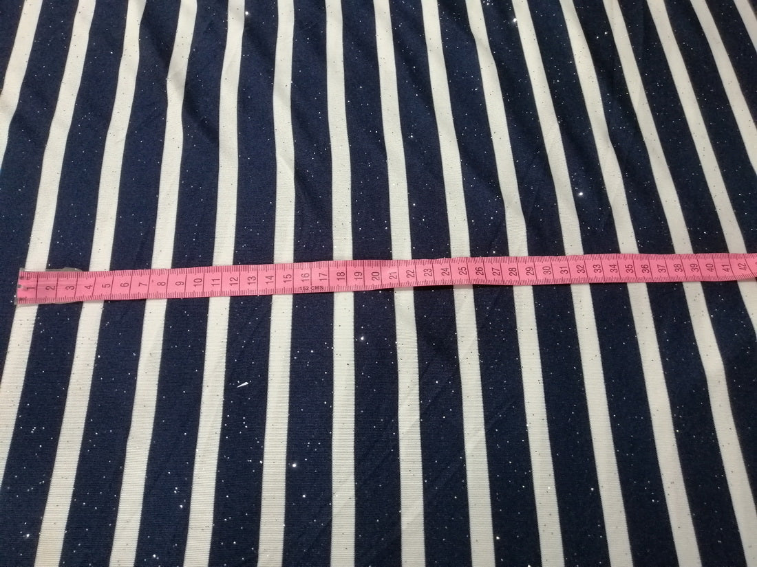 Polyester lycra knitted striped fabric with shimmer navy and white