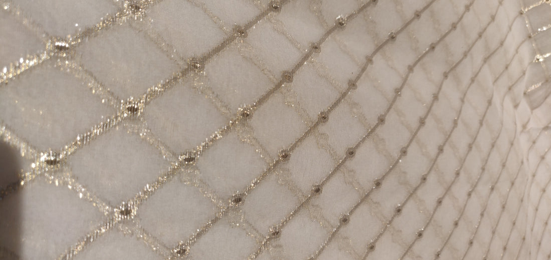 Silk organza fabric 44&quot; with gold jacquard stripe~ 30-40gms ~ Semi Sheer