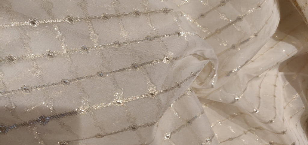 Silk organza fabric 44&quot; with gold jacquard stripe~ 30-40gms ~ Semi Sheer
