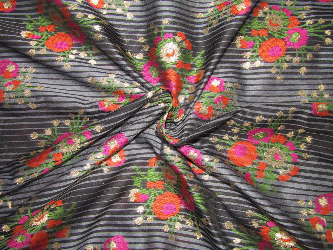 Silk Brocade fabric black stripe ,metallic gold pink and orange flowers 44" wide BRO735[1]