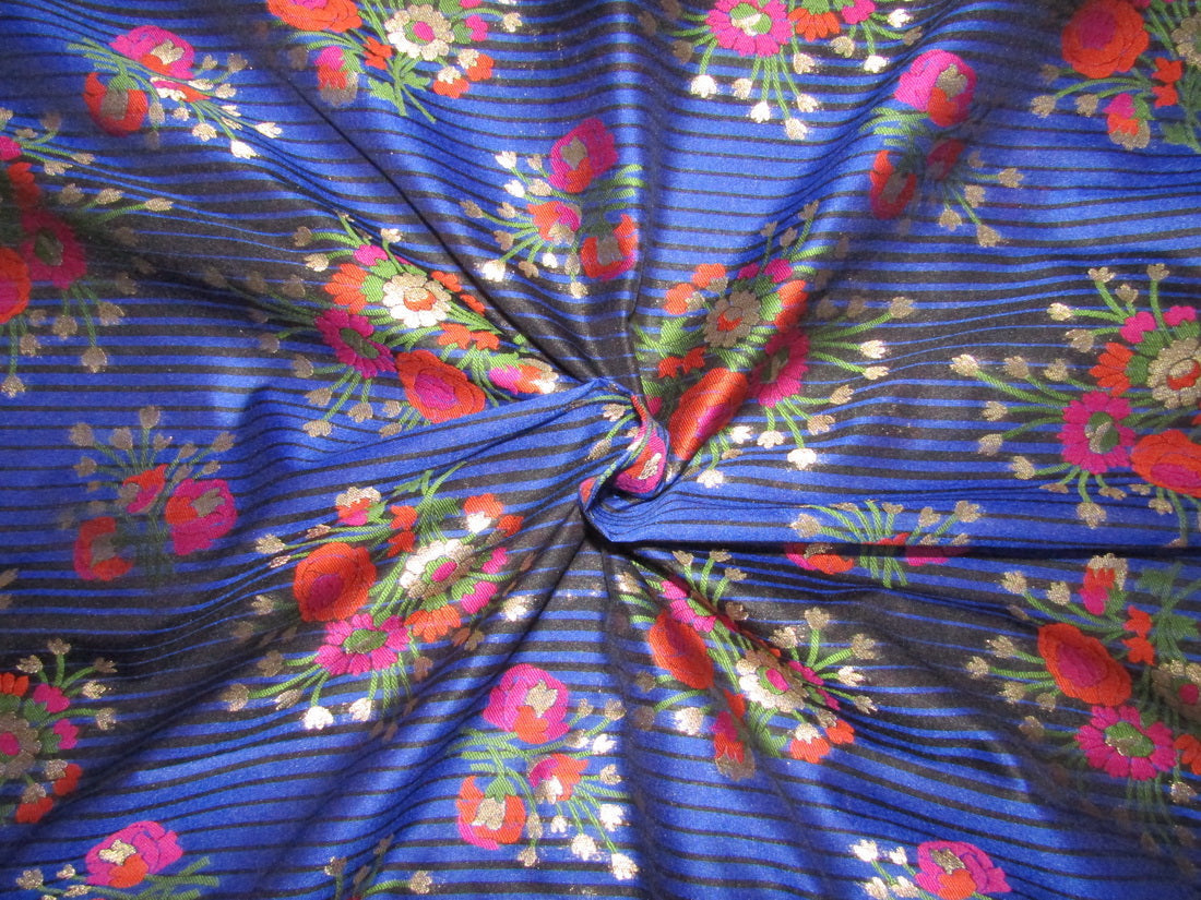 Silk Brocade fabric royal blue stripe ,metallic gold pink and orange flowers 44" wide BRO735[2]
