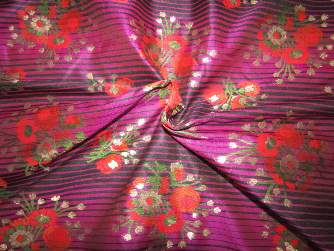 Silk Brocade fabric magenta stripe ,metallic gold red and orange flowers 44" wide BRO735[3]