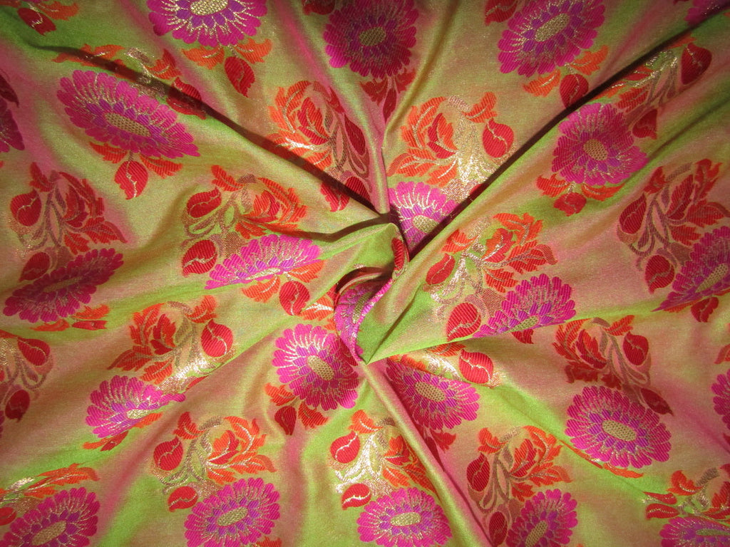 Silk Brocade fabric magenta stripe ,metallic gold red and orange flowers 44" wide BRO735[4]