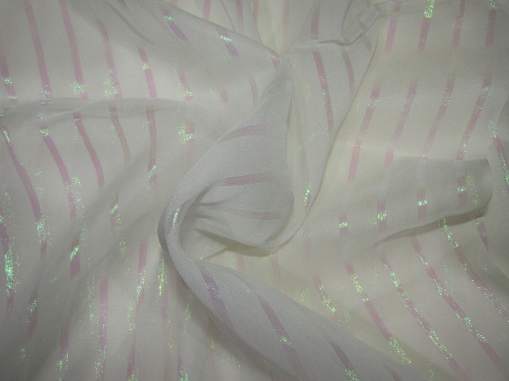 White colour 100% silk chiffon fabric 44&quot; wide lurex pink stripe