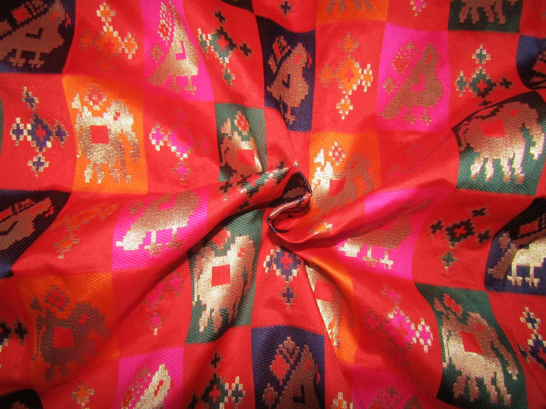 Silk Brocade fabric navy ,pink coral,orange,green x metallic gold color 50" wide BRO742[1]